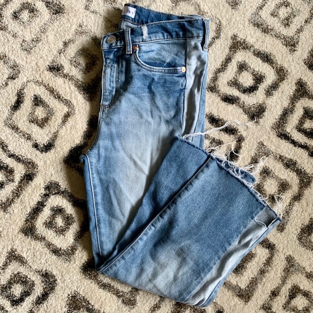 Cropped straight leg denim with distressed hem